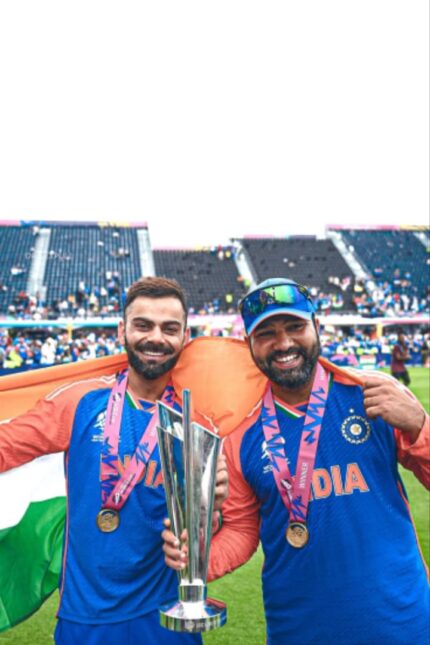 India Cricket Victory Poster - Virat Kohli & Rohit Sharma with Trophy